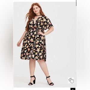 Torrid Black Floral Challis Midi Dress Faux Wrap Dress Size 2X